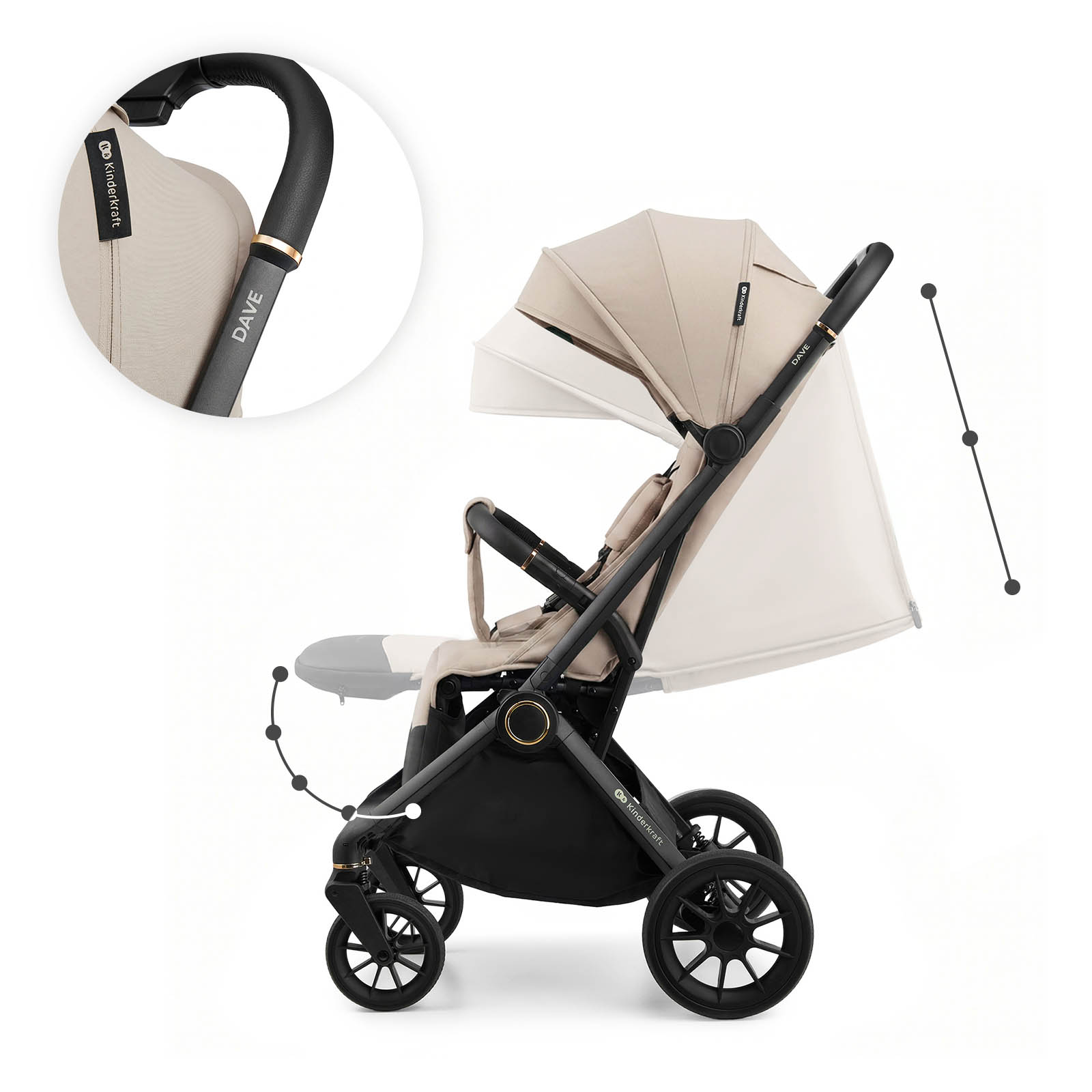 Beiger Kinderwagen mit schwarzem Gestell und verstellbarem Verdeck sowie Griff.