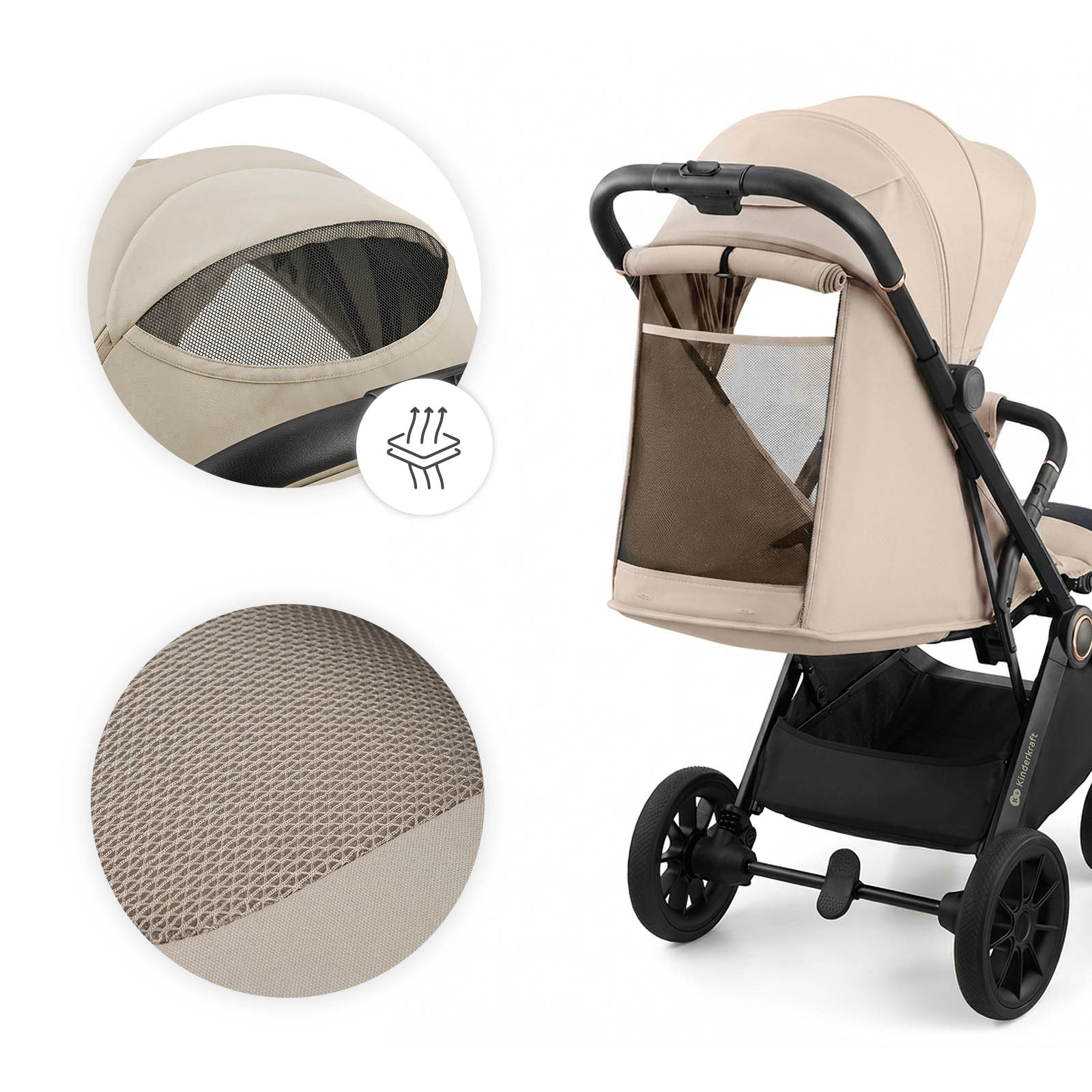 Beiger Kinderwagen mit schwarzem Gestell und großem Mesh-Fenster, Detailaufnahmen zeigen Stoff und Belüftung.