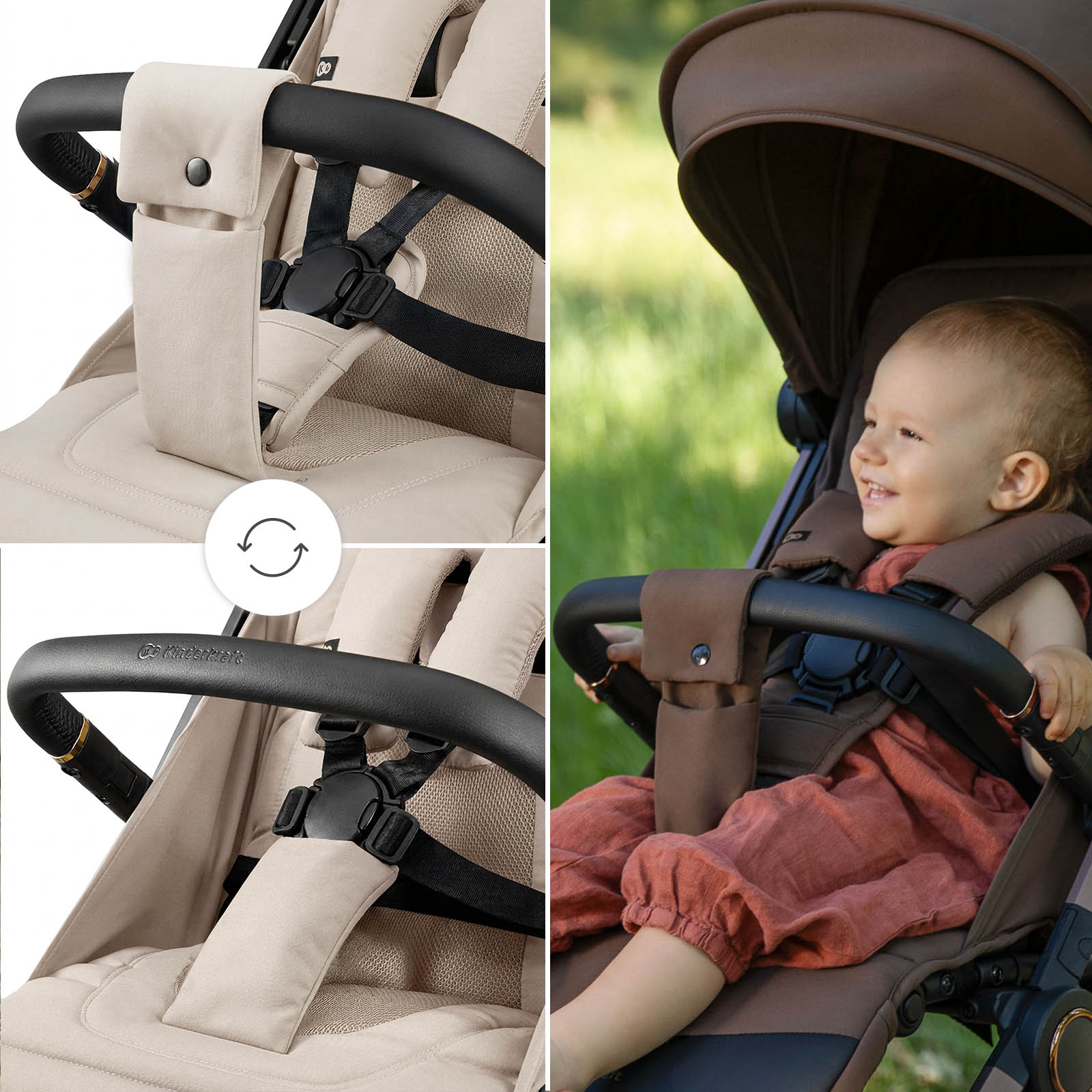Kleinkind sitzt lächelnd in einem braunen Kinderwagen mit Sicherheitsgurt.