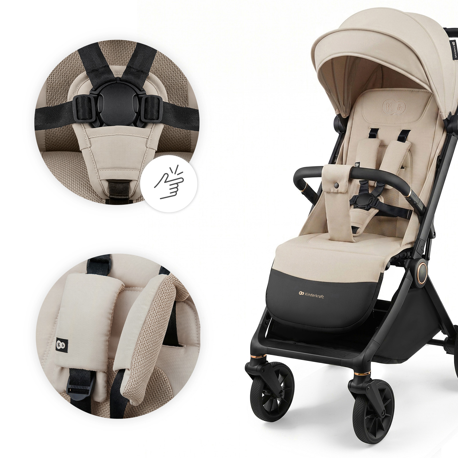 Beige-schwarzer Kinderwagen mit 5-Punkt-Gurt und Nahaufnahmen des Schlosses und der Schulterpolster.