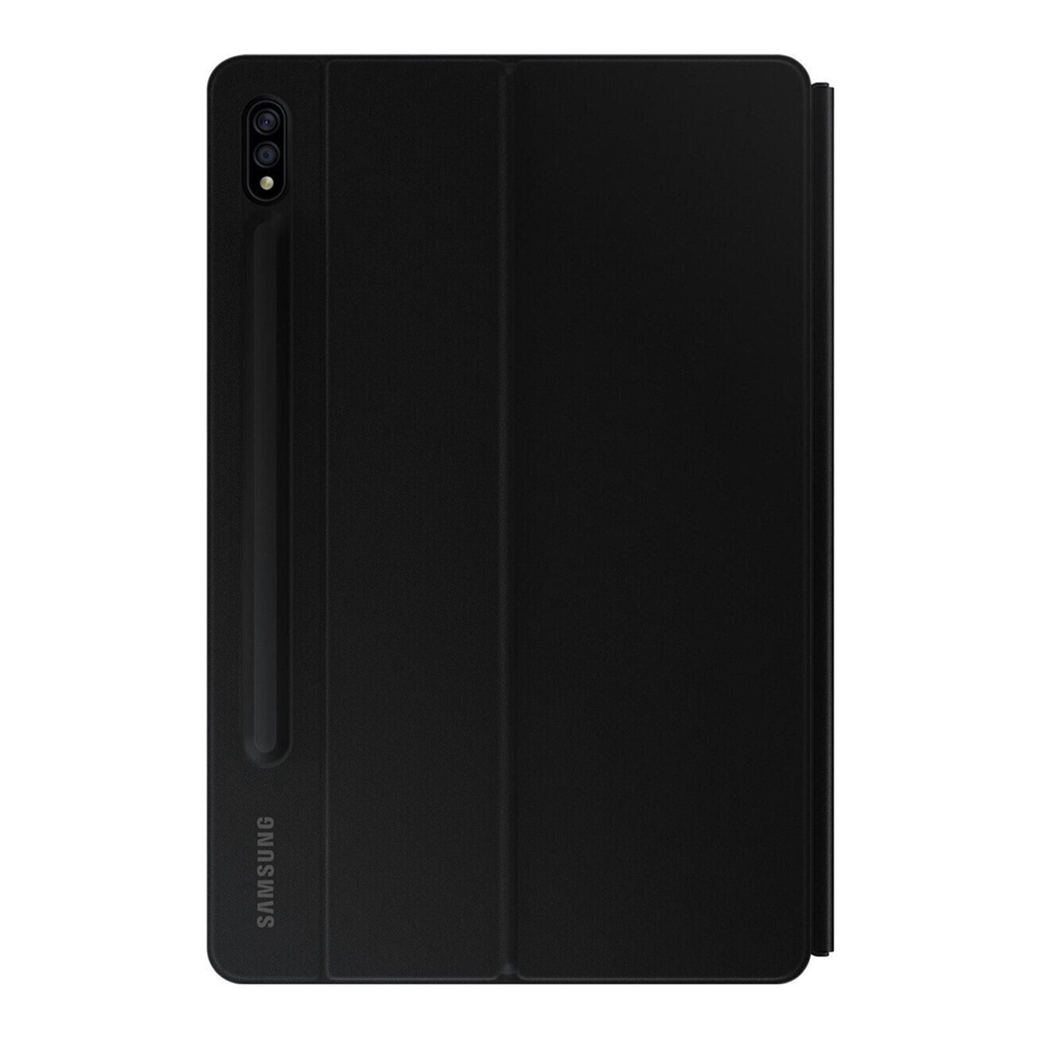 Rückseite einer schwarzen Samsung-Tablet-Hülle mit integriertem Stifthalter und vertikaler Kamera.