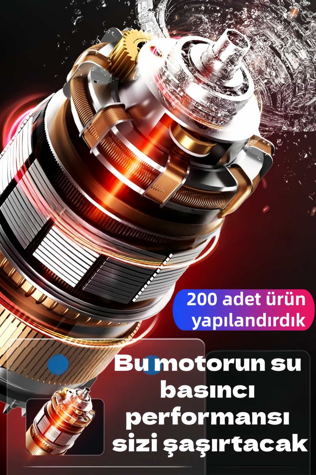 Bakır sargılara ve sıçrayan suya sahip güçlü bir elektrik motorunun teknik görünümü.