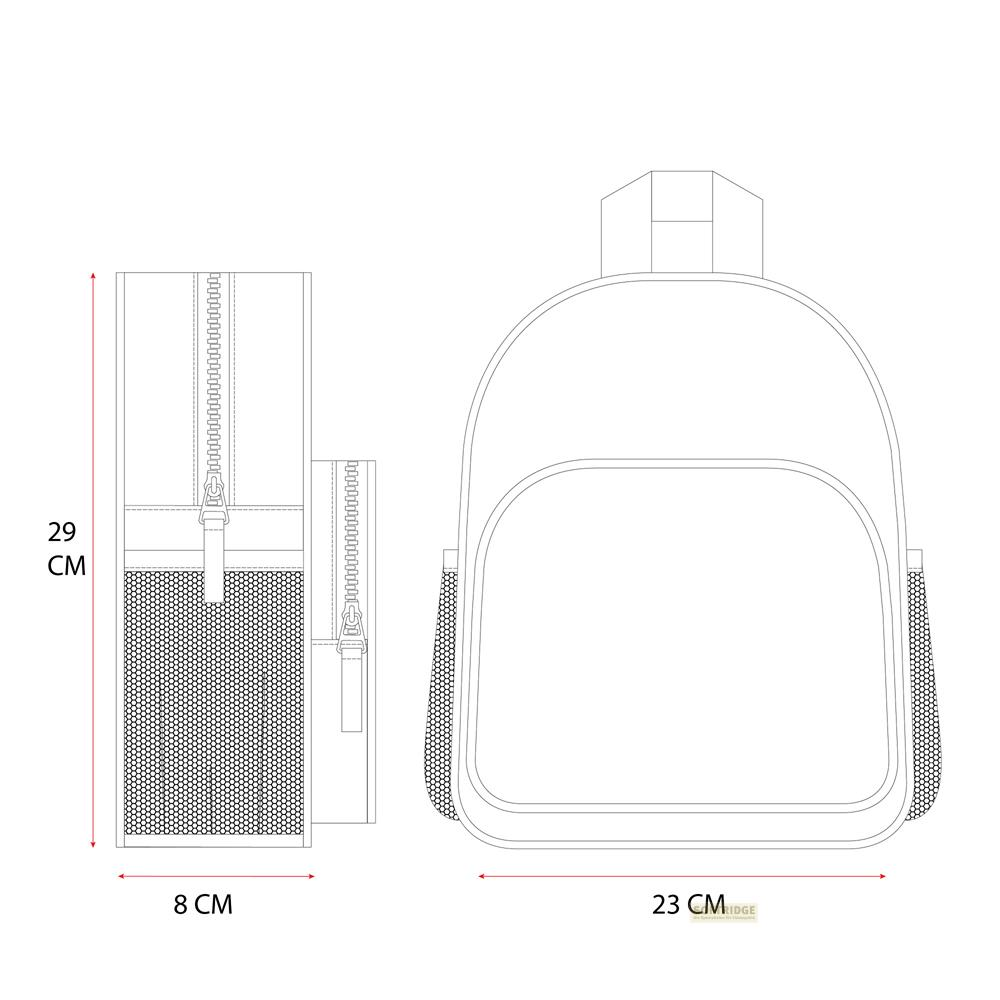 Technische Zeichnung eines Rucksacks mit Maßen: 29 cm Höhe, 8 cm Tiefe und 23 cm Breite.