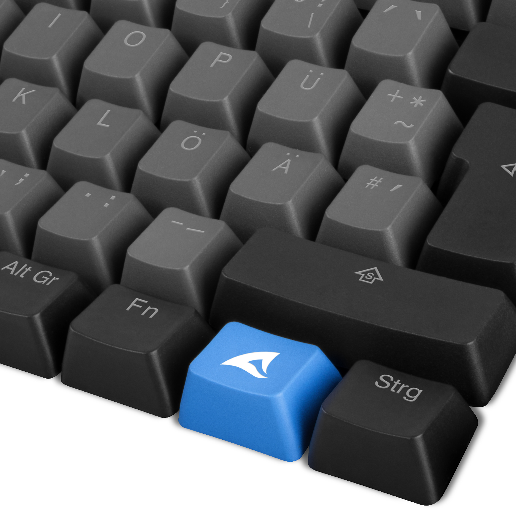 Eine schwarze Computertastatur mit grauen Tasten und einer blauen Taste mit einem weißen Hai-Logo in der Nähe des Fn- und Strg-Knopfs.