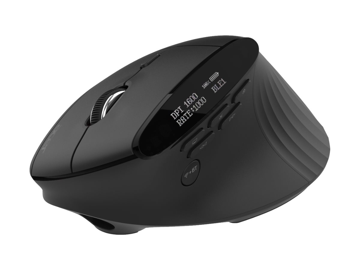 A black ergonomic mouse with a display, scroll wheel, and side buttons against a white background.