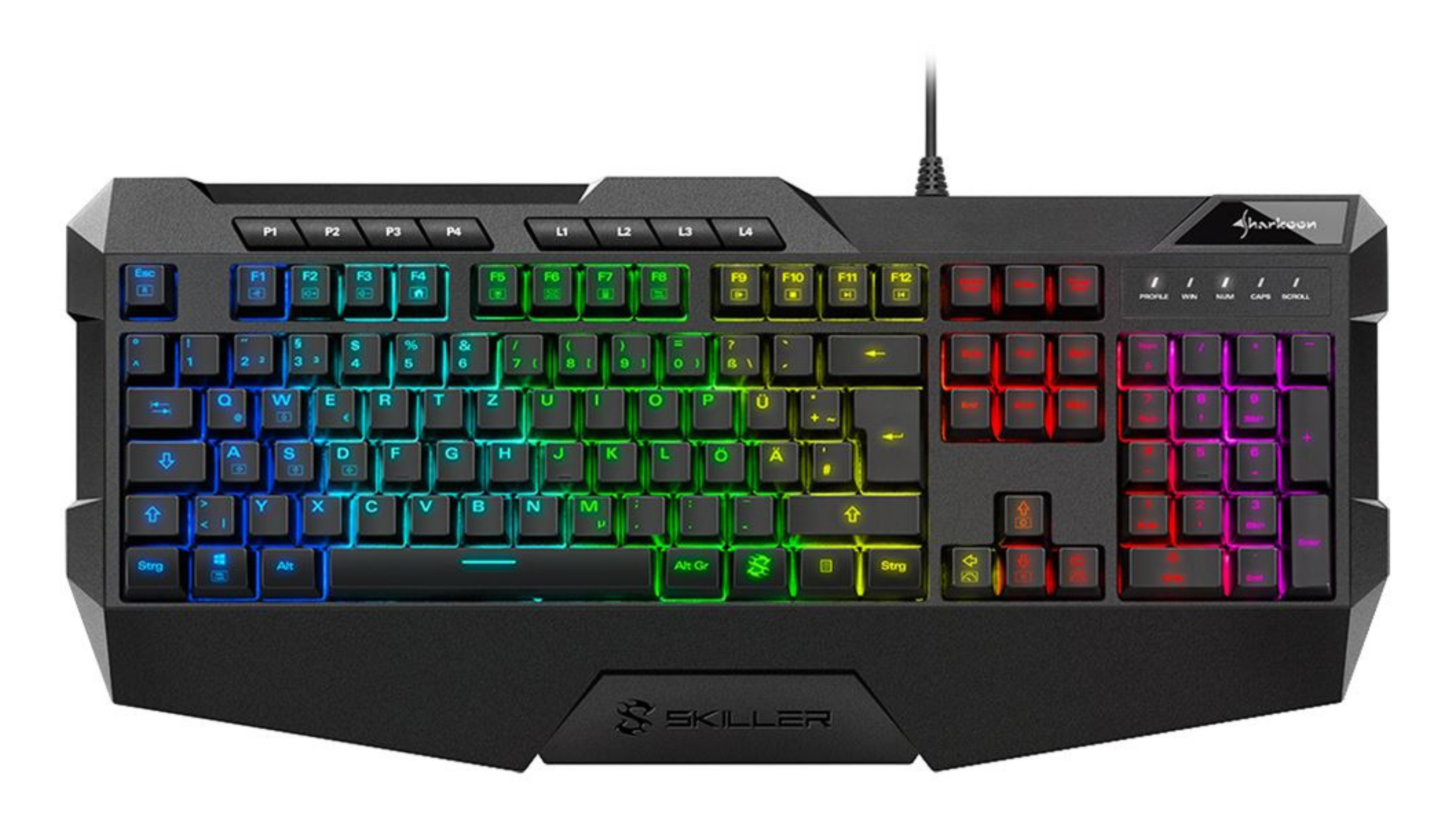 Schwarze Gaming-Tastatur mit bunter RGB-Hintergrundbeleuchtung und integrierter Handballenauflage.