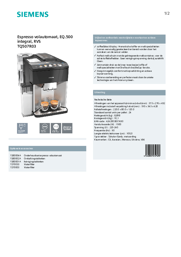 Scheda prodotto della macchina per espresso Siemens EQ.500 in olandese.