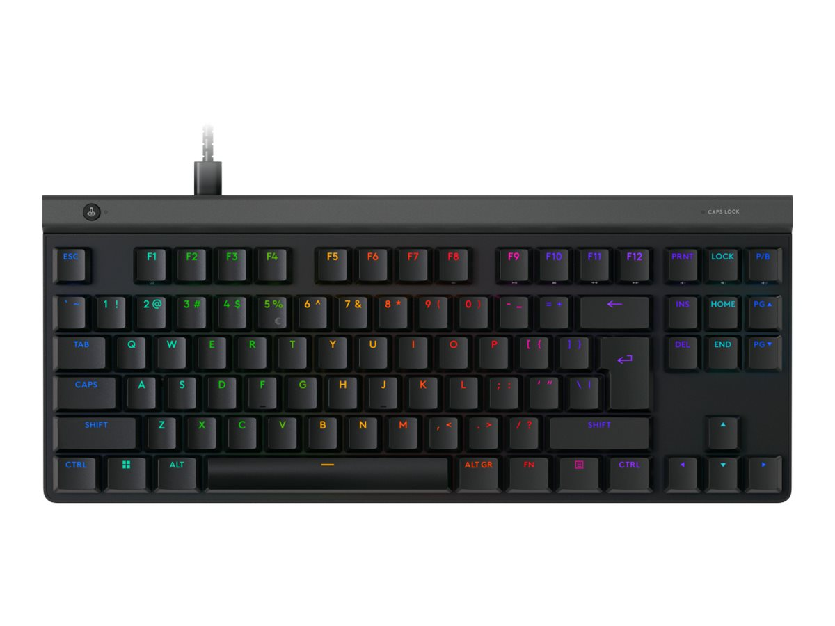 Un teclado de computadora negro con retroiluminación RGB colorida en las teclas y conexión por cable sobre fondo blanco.