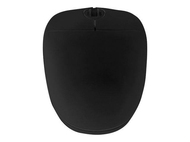 Eine schwarze Computermaus vor weißem Hintergrund.