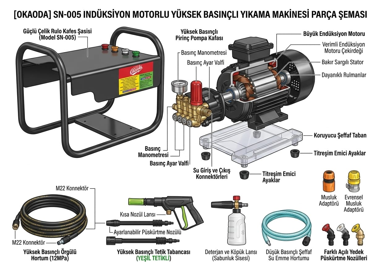 Şasi, motor, pompa, hortum ve aksesuarları gösteren yüksek basınçlı yıkama makinesi parçalarının teknik şeması.