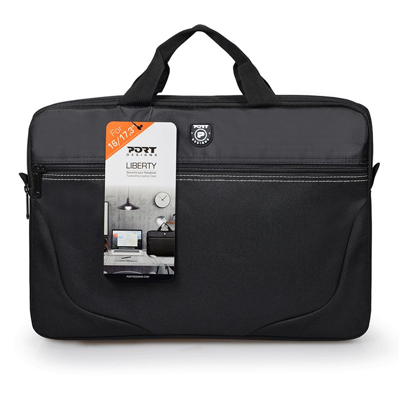 Black Port Designs Liberty laptop bag with carrying handles and attached product tag.