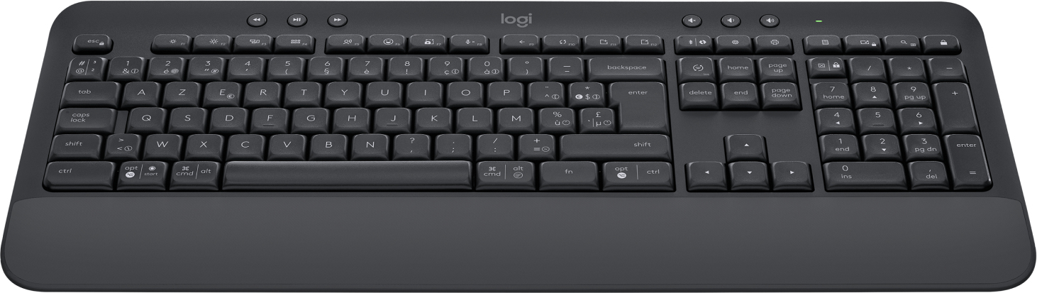 Una tastiera wireless Logitech nera con poggiapolsi integrato e layout AZERTY.