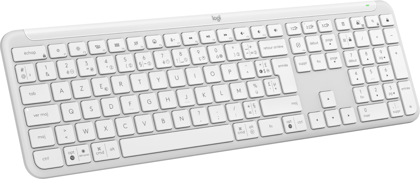 Una tastiera wireless bianca Logitech con layout AZERTY su sfondo bianco.
