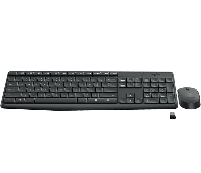 Tastiera nera Logitech, mouse abbinato e ricevitore USB su sfondo bianco.