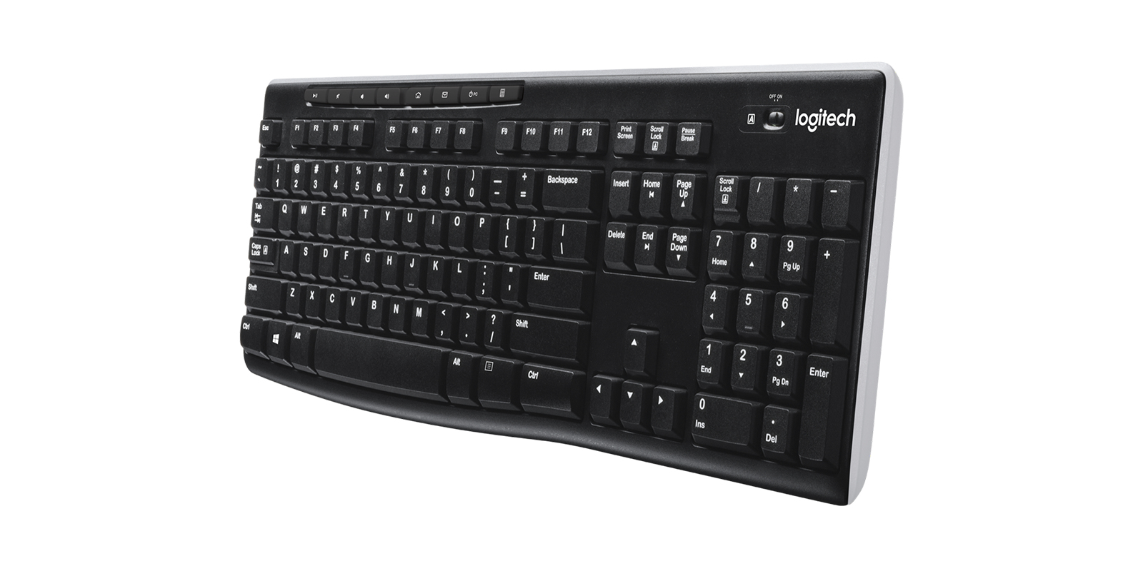 Schwarze Logitech-Tastatur mit integriertem Ziffernblock auf weißem Hintergrund.