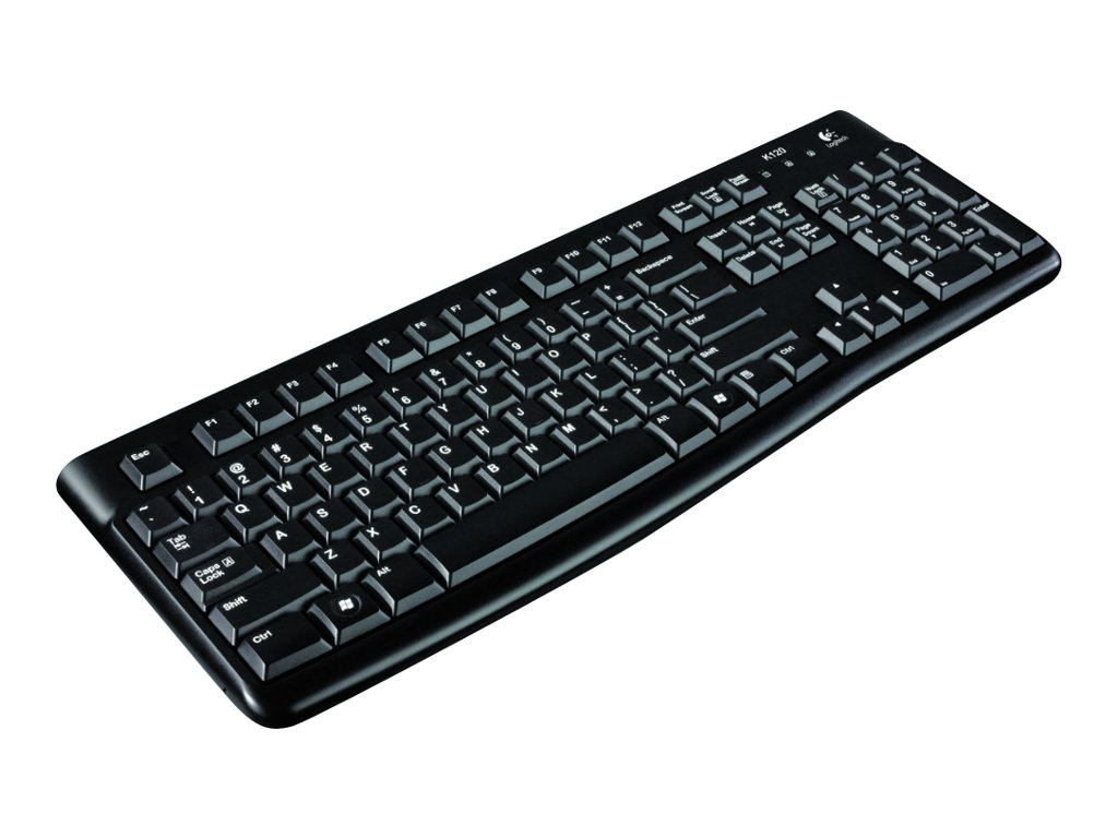 Un teclado de ordenador negro con letras blancas, vista inclinada sobre fondo blanco.