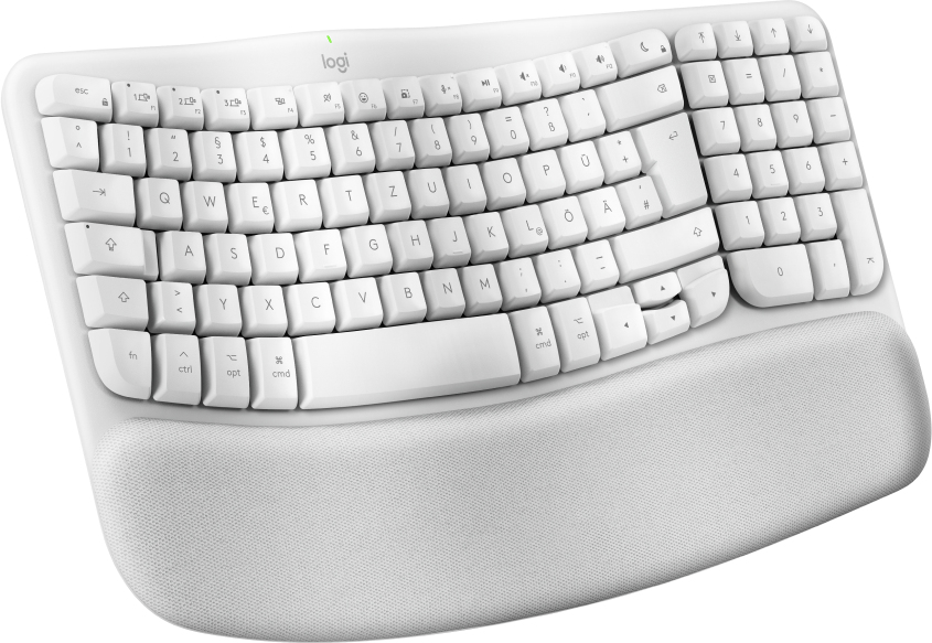 Una tastiera wireless ergonomica bianca con poggiapolsi integrato e logo Logitech.