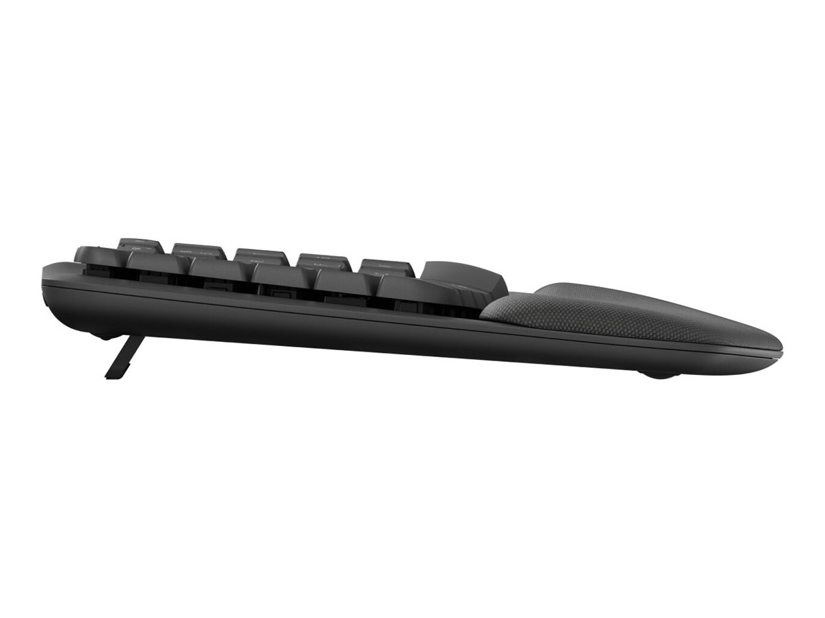 Vue latérale d'un clavier ergonomique noir avec repose-poignets et pied inclinable sur fond blanc.