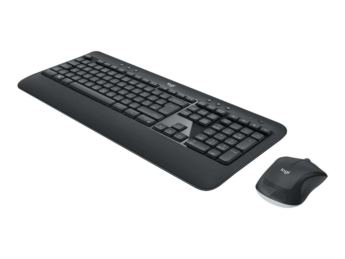 A black wireless keyboard with an integrated palm rest and a matching black mouse on a white background.