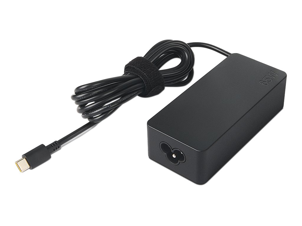 Czarny zasilacz do laptopa 65W ze zwiniętym kablem i złączem USB-C na białym tle.