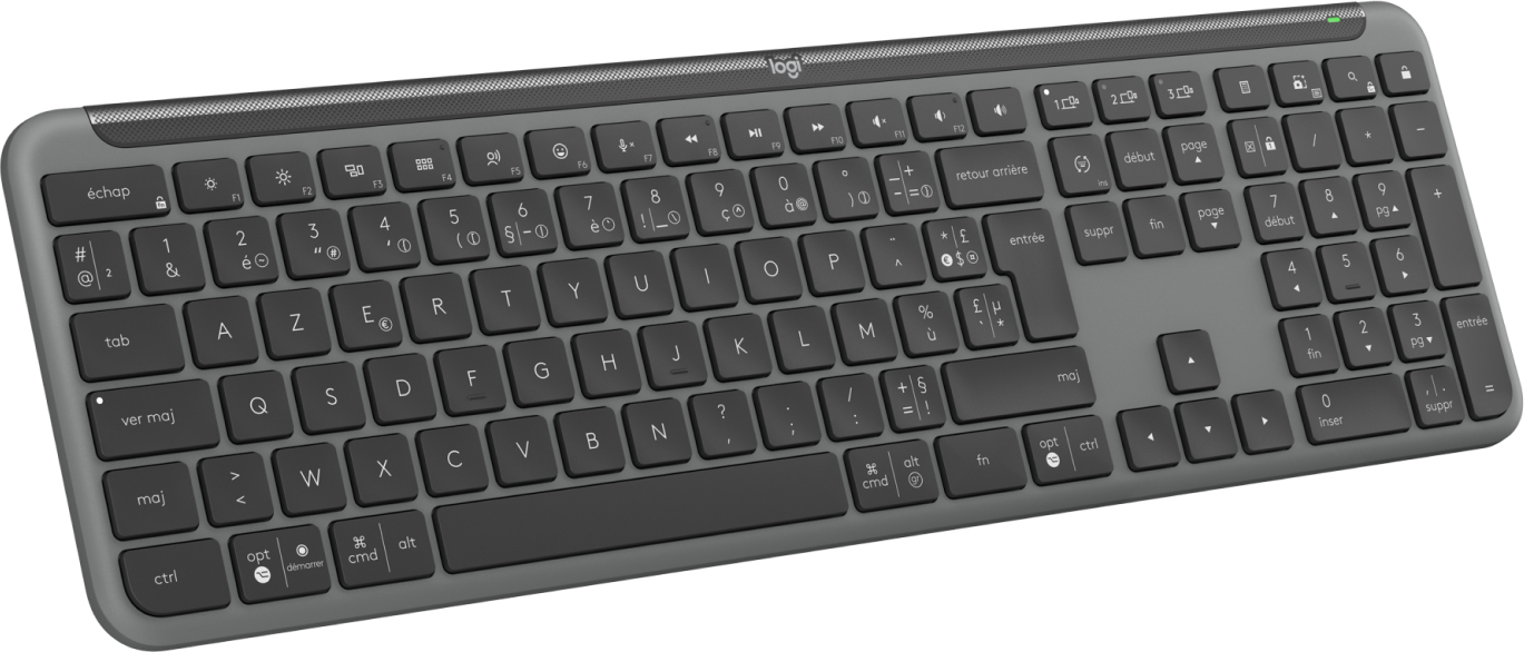 Tastiera wireless grigia Logitech con layout francese AZERTY su superficie chiara.