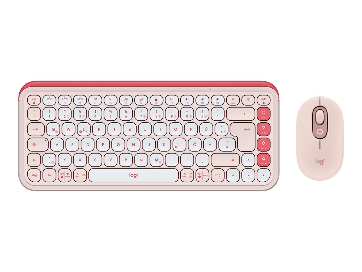 Una tastiera wireless Logitech rosa con tasti rotondi e un mouse per computer rosa abbinato su sfondo bianco.