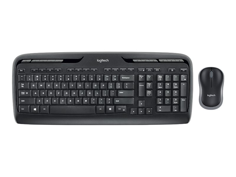 Un set di tastiera e mouse Logitech nero su sfondo bianco.