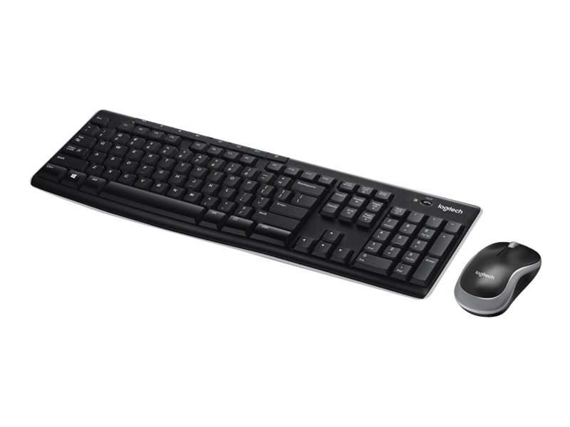 Una tastiera wireless nera Logitech e un mouse per computer nero e grigio abbinato su uno sfondo bianco.