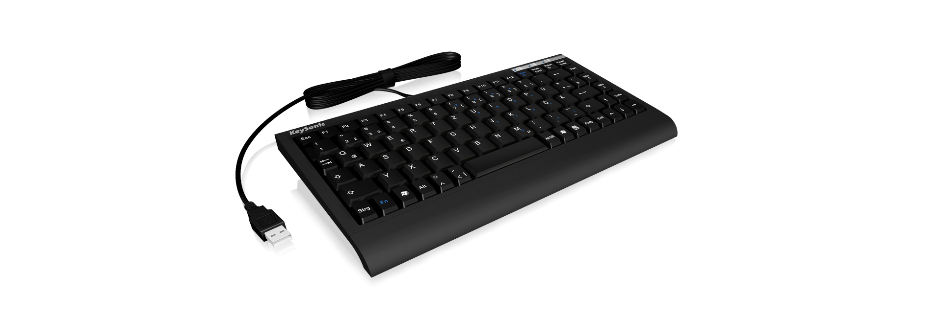 Black KeySonic keyboard with integrated cable and USB connector on a white background.