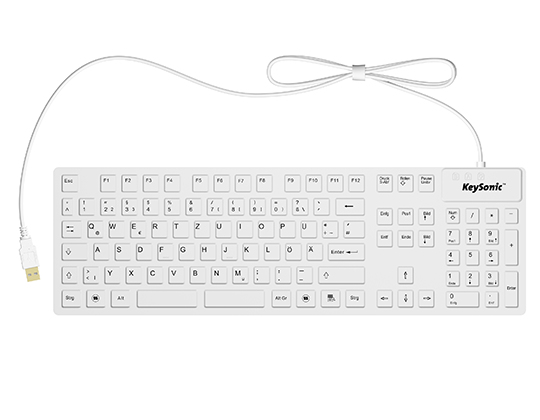 Un teclado con cable blanco KeySonic con distribución QWERTZ alemana y cable USB sobre fondo blanco.