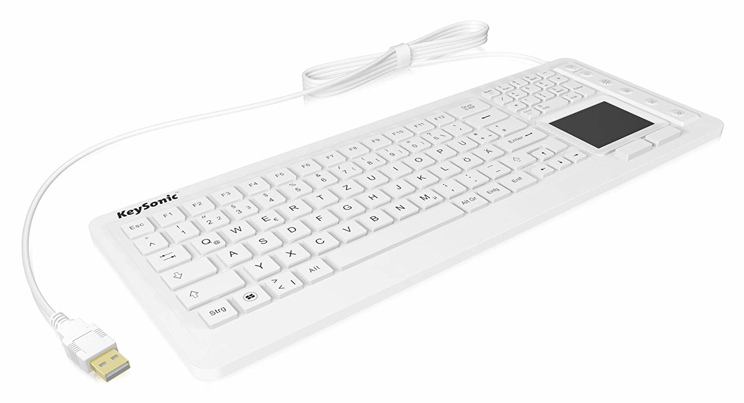 Un teclado con cable KeySonic blanco con panel táctil integrado y cable USB conectado sobre fondo blanco.