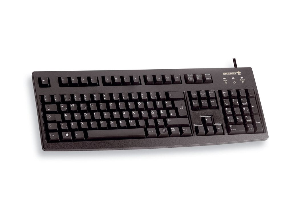 A black Cherry keyboard with a German layout is placed on a white background.