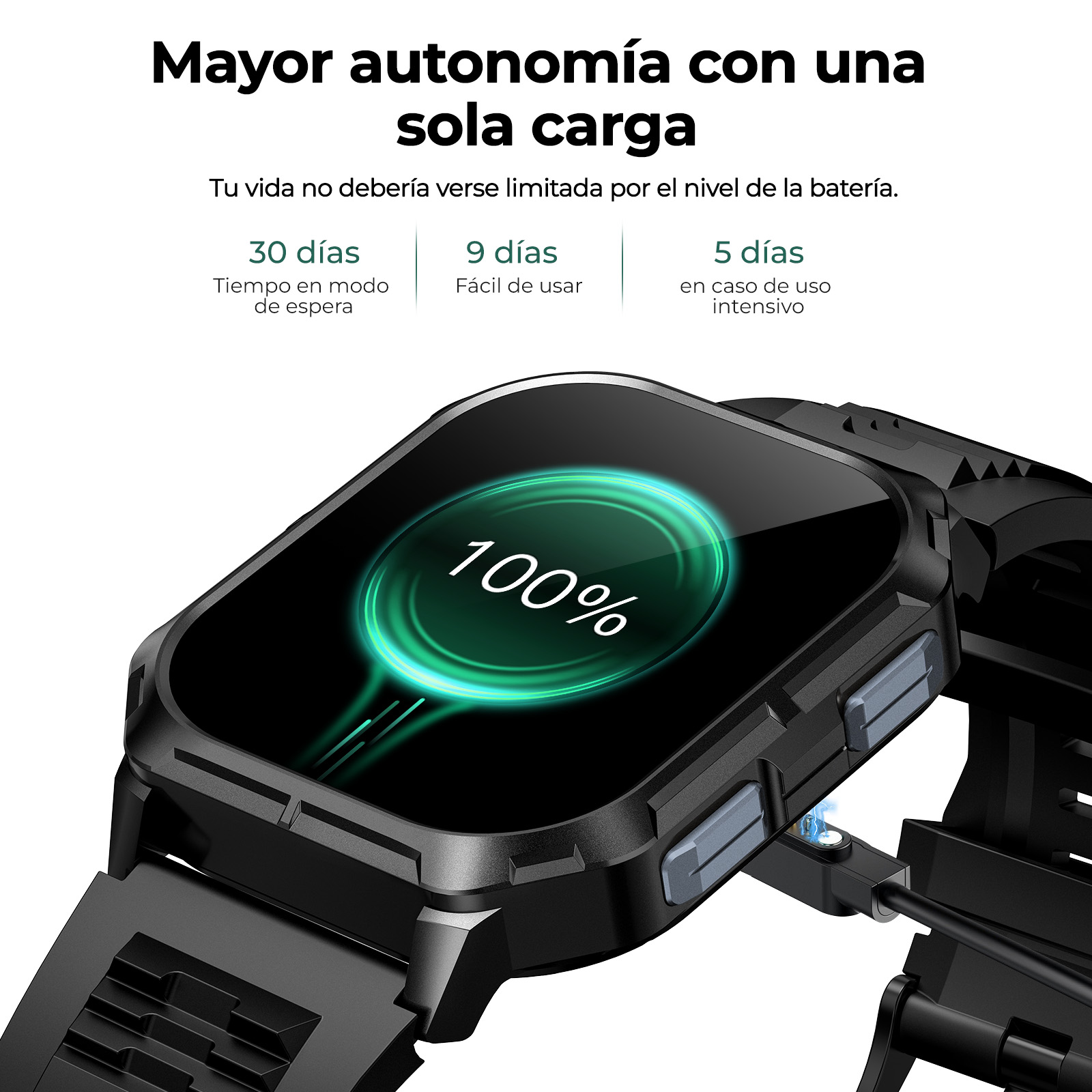 Un reloj inteligente negro muestra 100% de batería en un círculo verde, conectado a un cable.