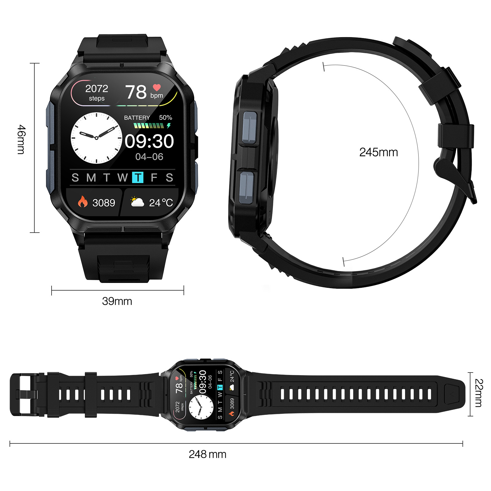 Dibujo técnico de un reloj inteligente negro con dimensiones de altura, ancho, correa y longitud total.