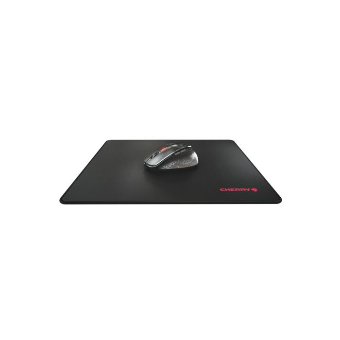 Un mouse per computer nero con motivi poggia su un tappetino nero con la scritta rossa CHERRY.