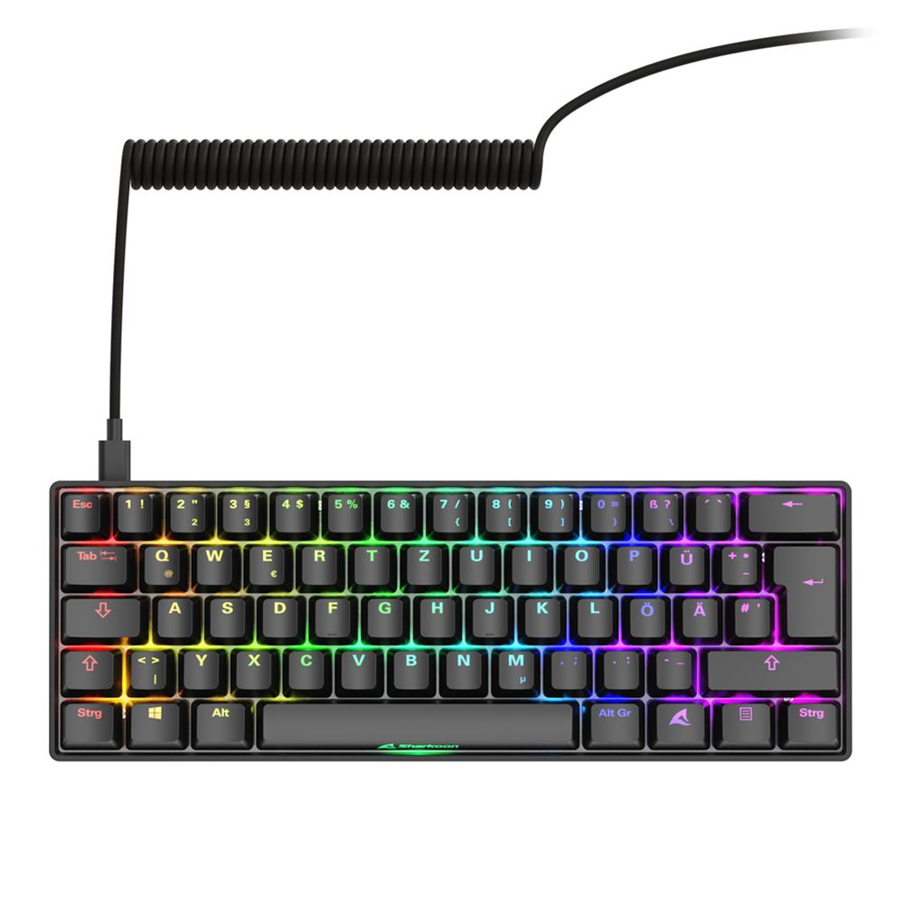 Schwarze mechanische Mini-Tastatur mit RGB-Beleuchtung und gesunder Spiralkabelverbindung.