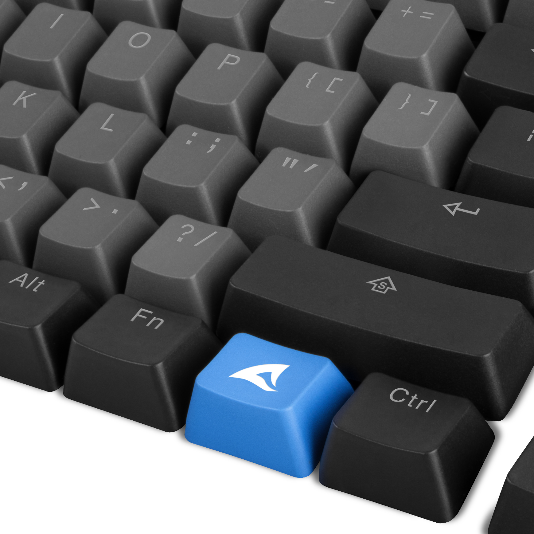 Nahaufnahme einer dunklen Computertastatur mit einer blauen Taste, die ein weißes Haisymbol zeigt.