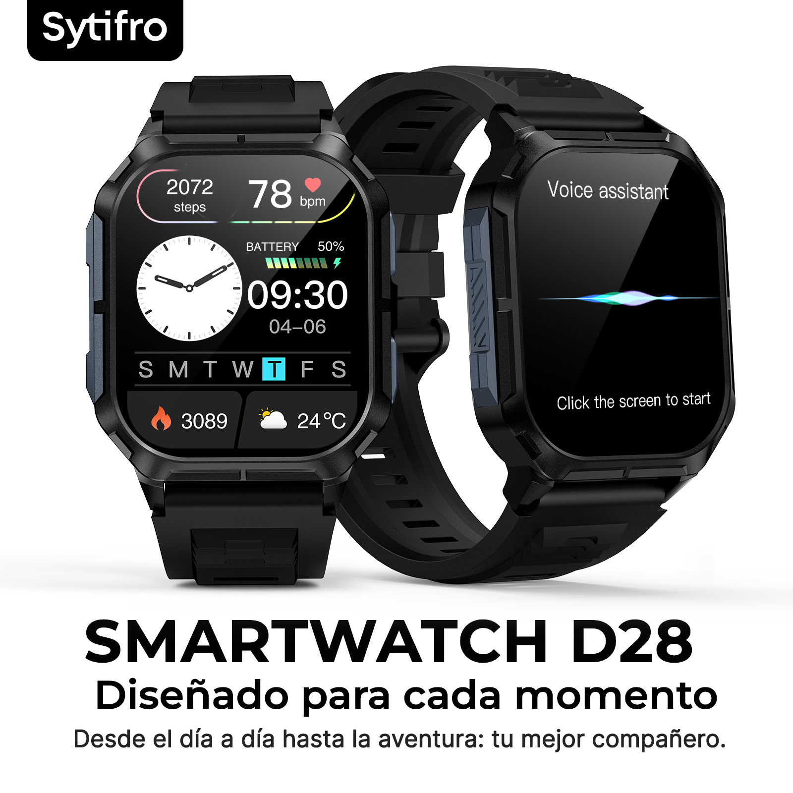 Dos smartwatches Sytifro D28 negros con correas resistentes muestran datos de fitness y asistente de voz.