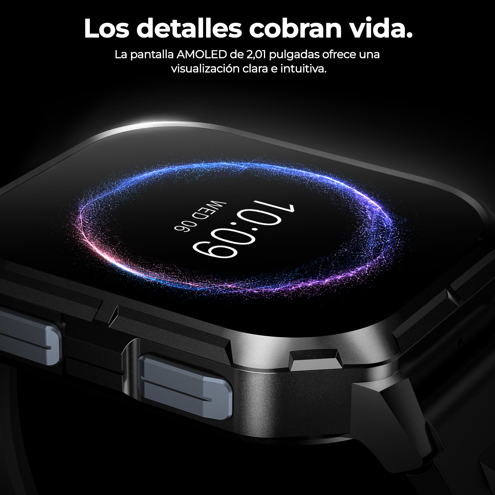 Primer plano de un reloj inteligente con diseño oscuro y pantalla luminosa sobre fondo negro.