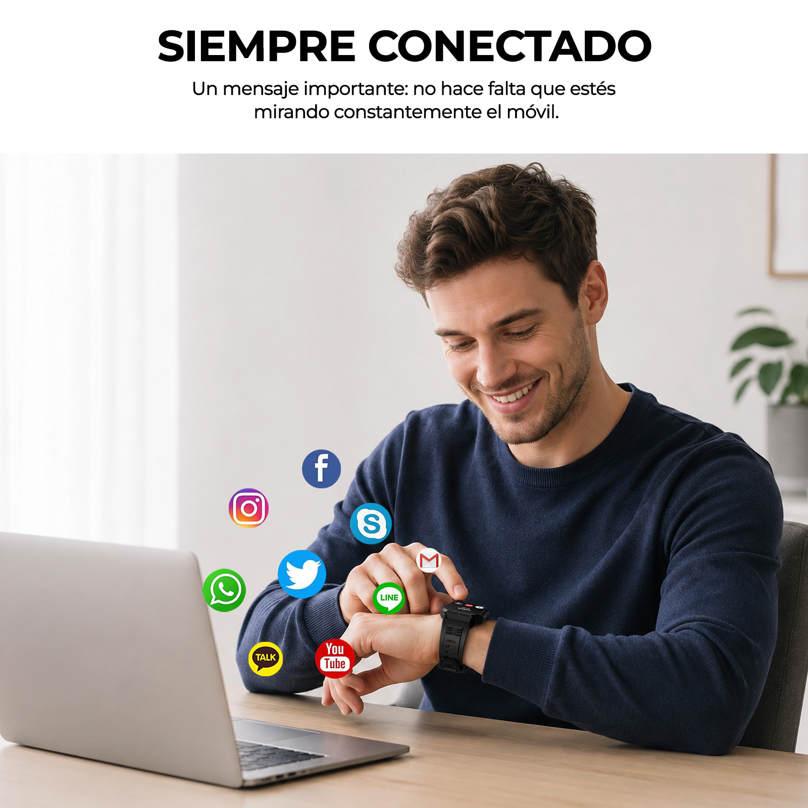Un hombre sonriente usando su reloj inteligente con iconos flotantes.