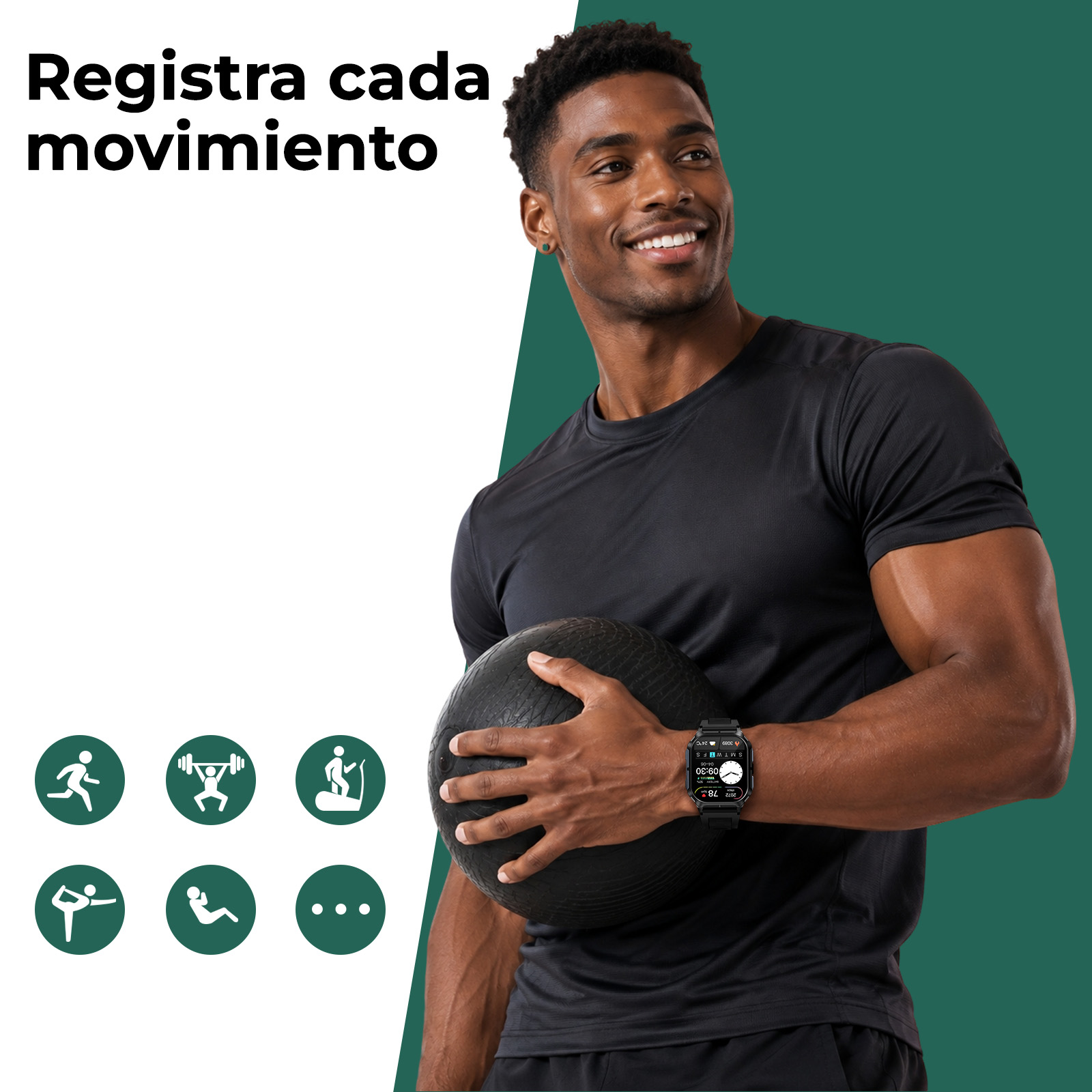 Hombre sonriente en ropa deportiva sostiene un balón medicinal; reloj inteligente en la muñeca.