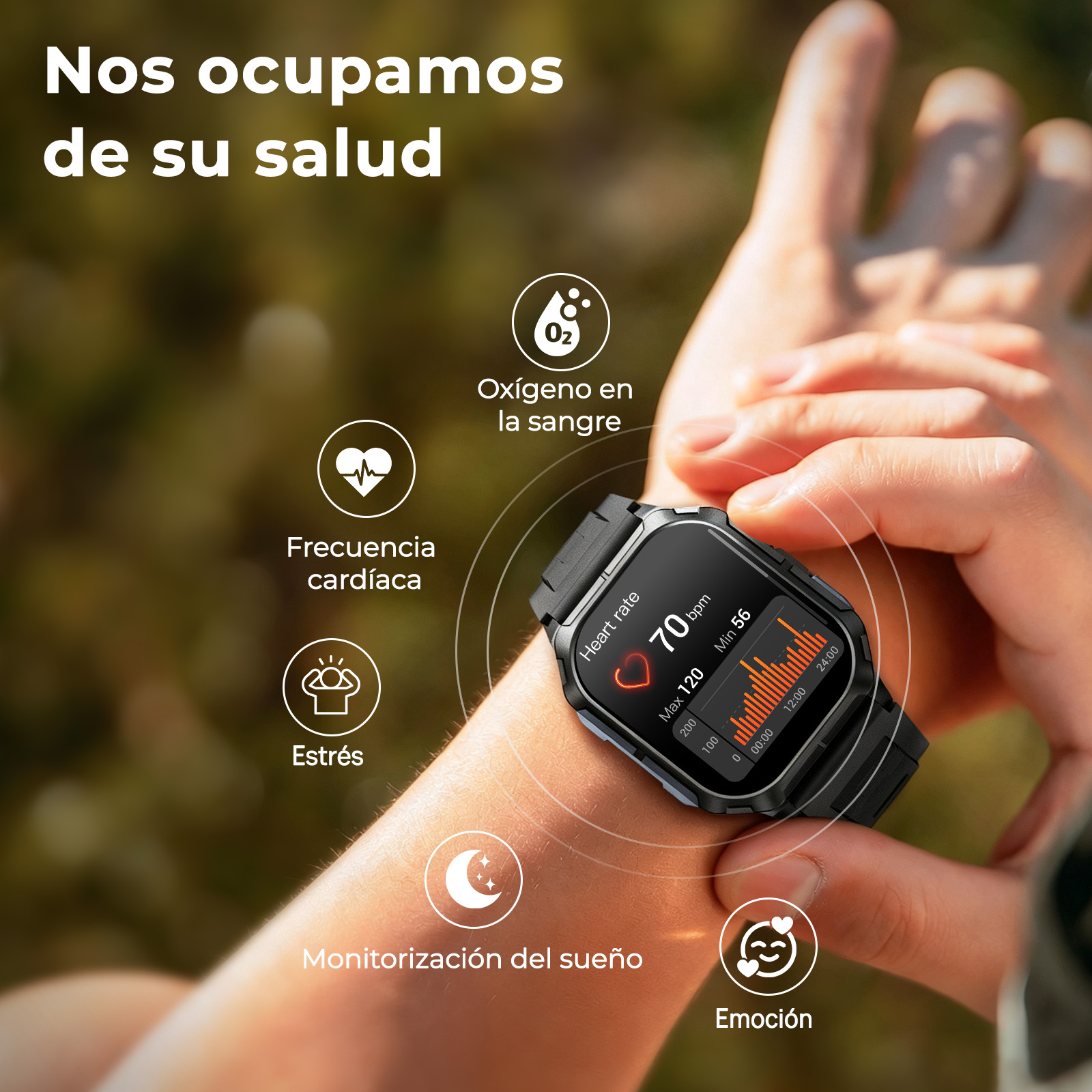 Un reloj inteligente en la muñeca muestra datos de salud como ritmo cardíaco, estrés y sueño.