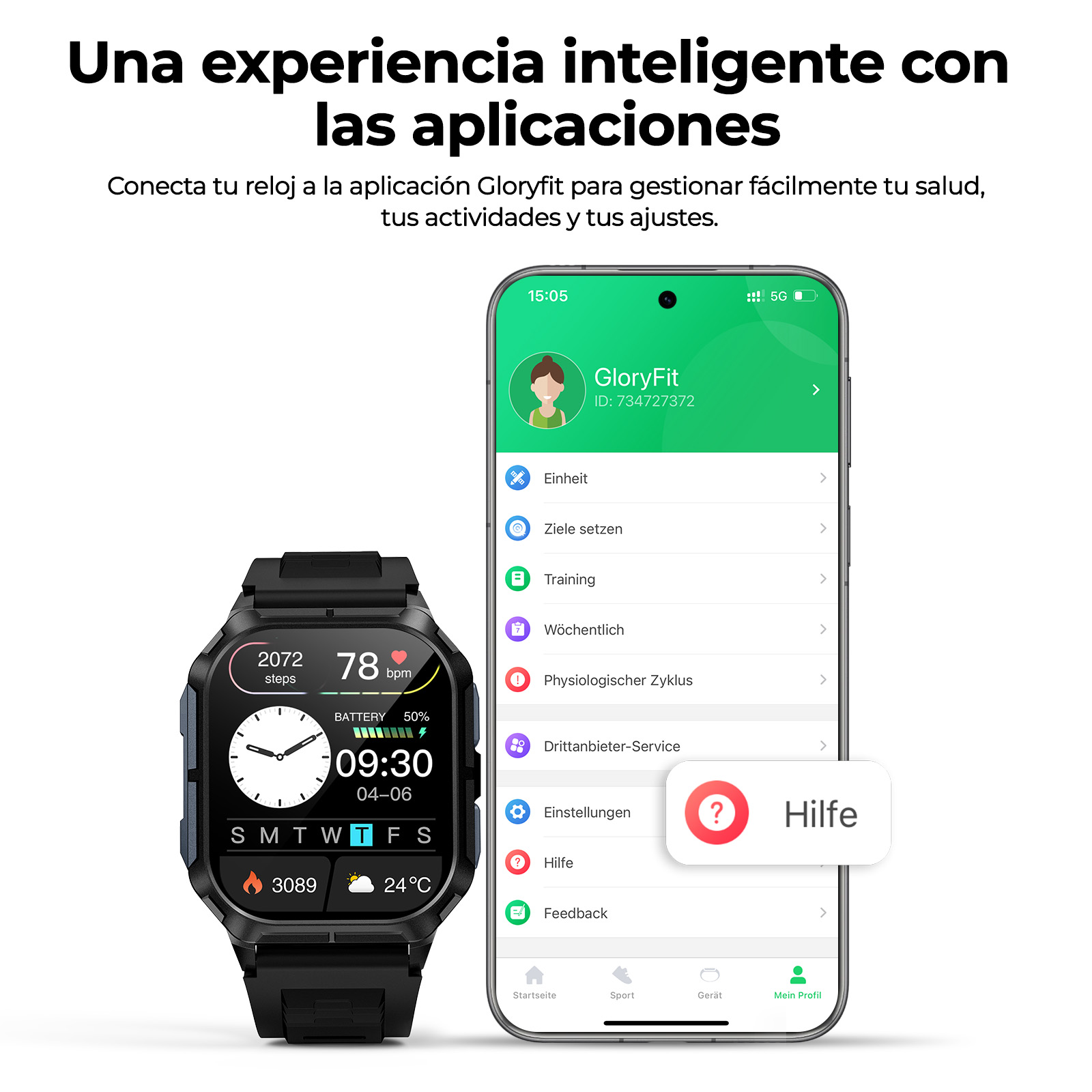 Un reloj inteligente y un teléfono muestran la aplicación GloryFit con salud.