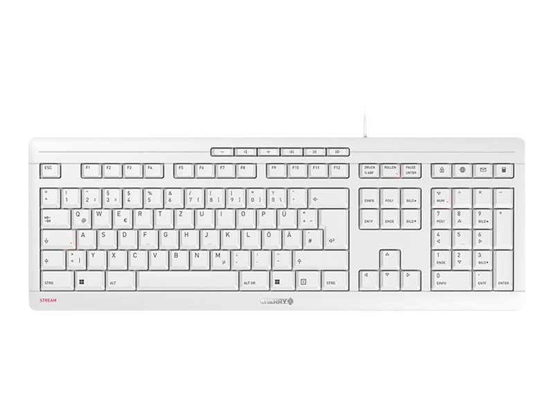 Eine weiße Cherry Stream Tastatur im deutschen Layout liegt auf einer weißen Oberfläche.