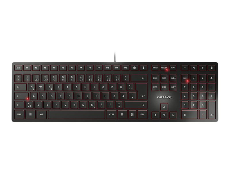Eine schwarze Tastatur mit roter Hintergrundbeleuchtung und deutschem QWERTZ-Layout auf weißem Hintergrund.