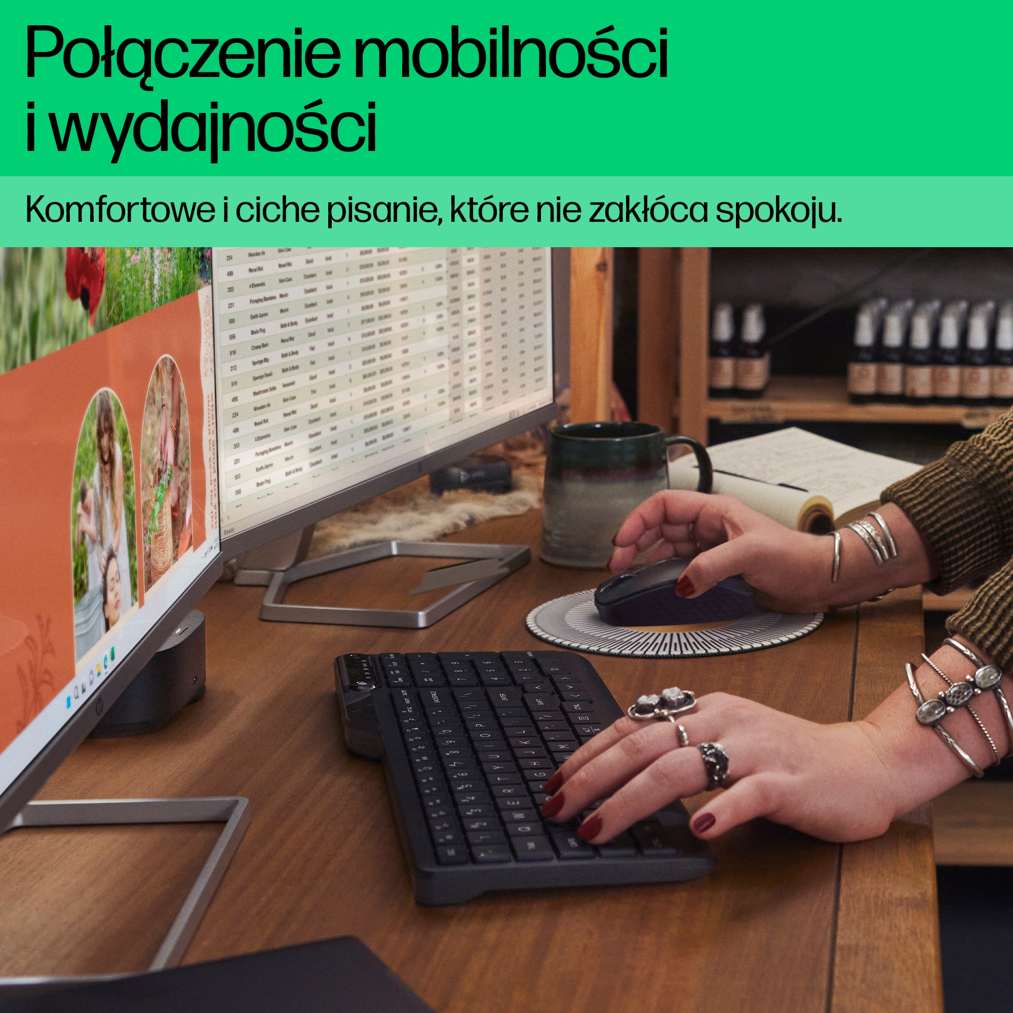 Person with rings on their hands types on a black keyboard in front of a computer monitor.