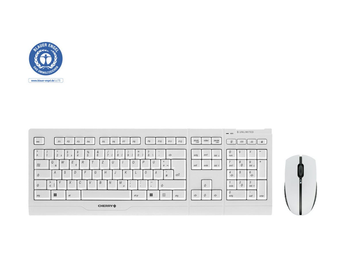 Un teclado y un ratón blancos Cherry sobre fondo blanco, con un emblema ecológico arriba a la izquierda.
