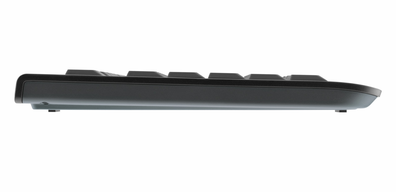 Side view of a black computer keyboard on a white background.