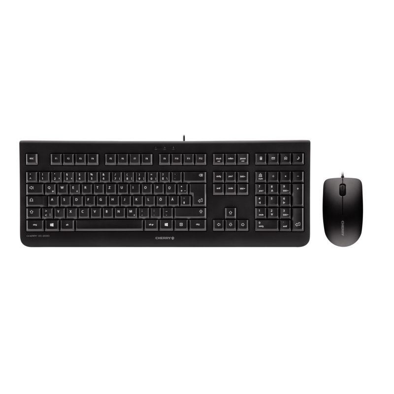 Eine schwarze Computertastatur und eine passende Computermaus vor weißem Hintergrund.