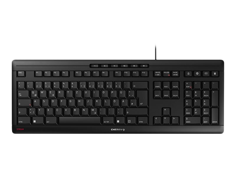 Un teclado Cherry negro con distribución alemana QWERTZ sobre fondo blanco.